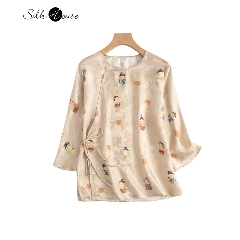 Chinese Style New 100% Natural Mulberry Silk Jacquard HuaLuo Small Tang Dynasty Round Neck Three-quarter Sleeve Women's Top