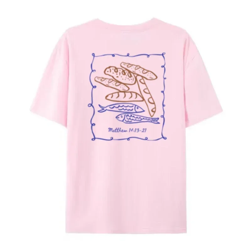 Back Print Vintage Fish Loaves Bible Verse Tshirt Women Tee Cute Jesus Math Tee Shirt Faith Apparel Sleeve Sleeve Top Tee Lady view 4
