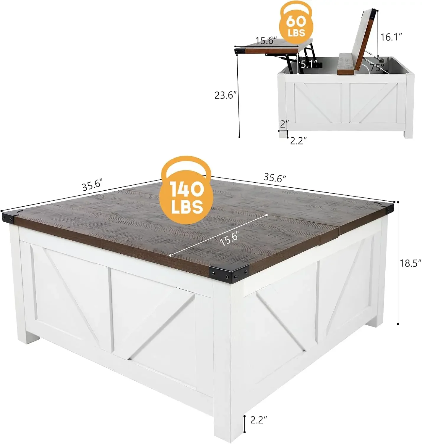 Farmhouse Lift Top Coffee Table com Armazenamento, Wood Square Center Table, Estação de Carregamento e Portas USB, Living Room Central