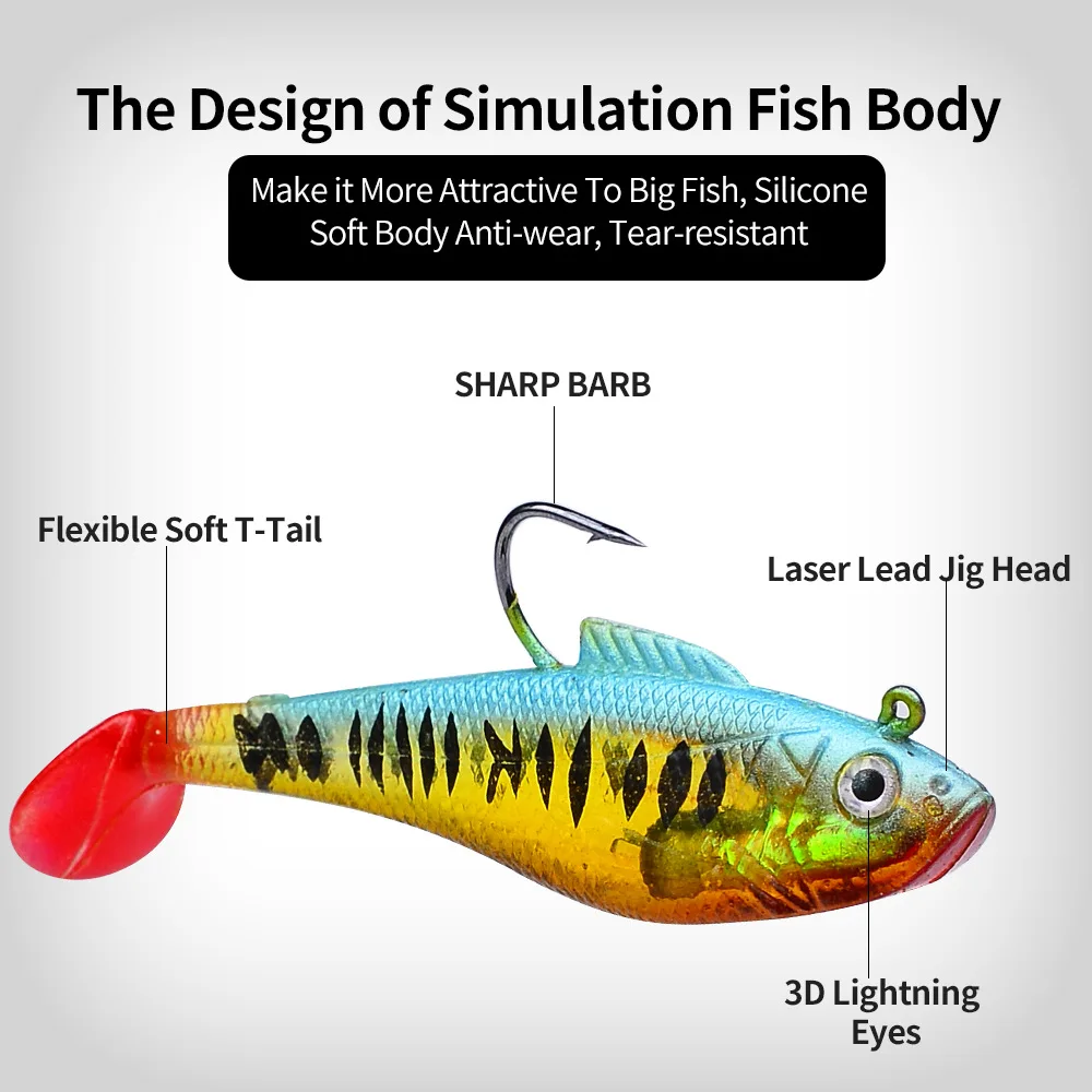 1/5 Stück Künstlicher Weichköder mit Jigkopf 3,6g 9,5g 24,6g Jigging-Weichköder Gummi-T-Schwanz Angelköder Schwimmköder für Barsch und Hecht – Detail 5