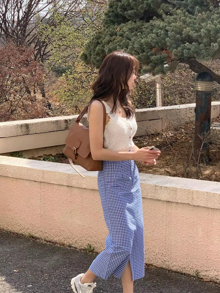 Modna spódnica w kratę damska z wysokim stanem, rozkloszowana spódnica midi, wiosna 2024, szykowna i stylowa, dopasowana długa spódnica.