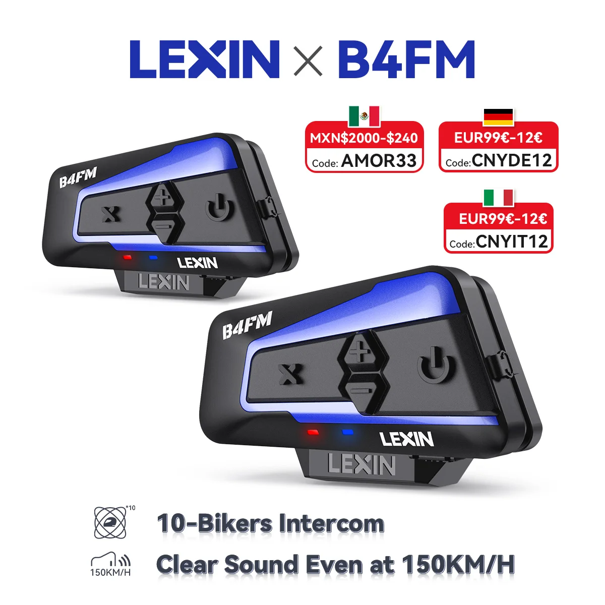 Lexin B4FM-X Bluetooth Motorcycle Intercom Helmet Headsets,BT 5.0 Wireless Communication Interphone Music Sharing 10 Riders