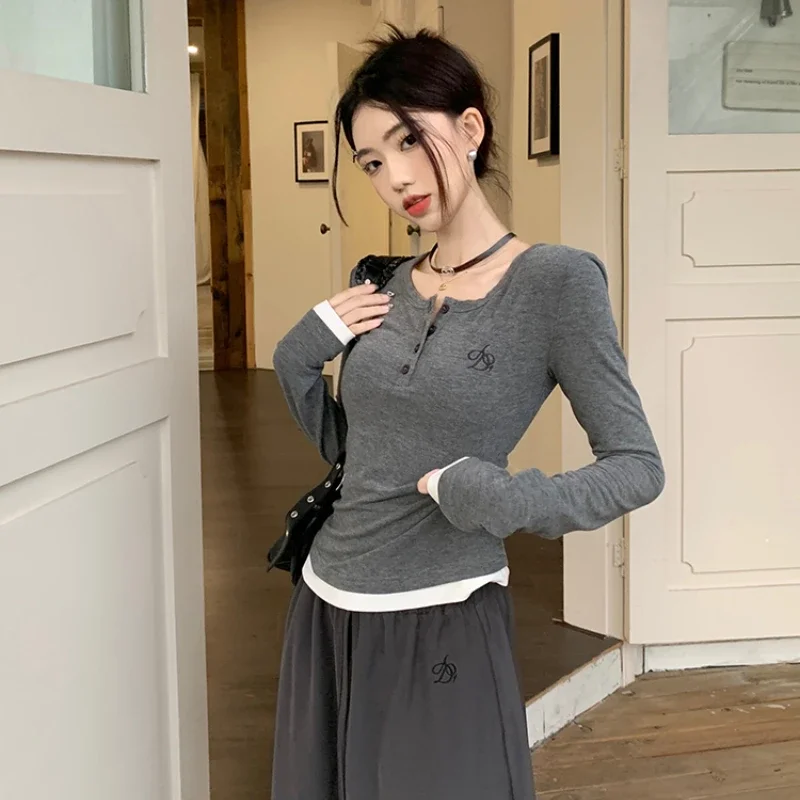 T-shirts Women Fake 2 Pcs Spring Autumn Slim Tops Long Sleeve Korean Retro Female Stylish All-match Young Style Basic Clothes