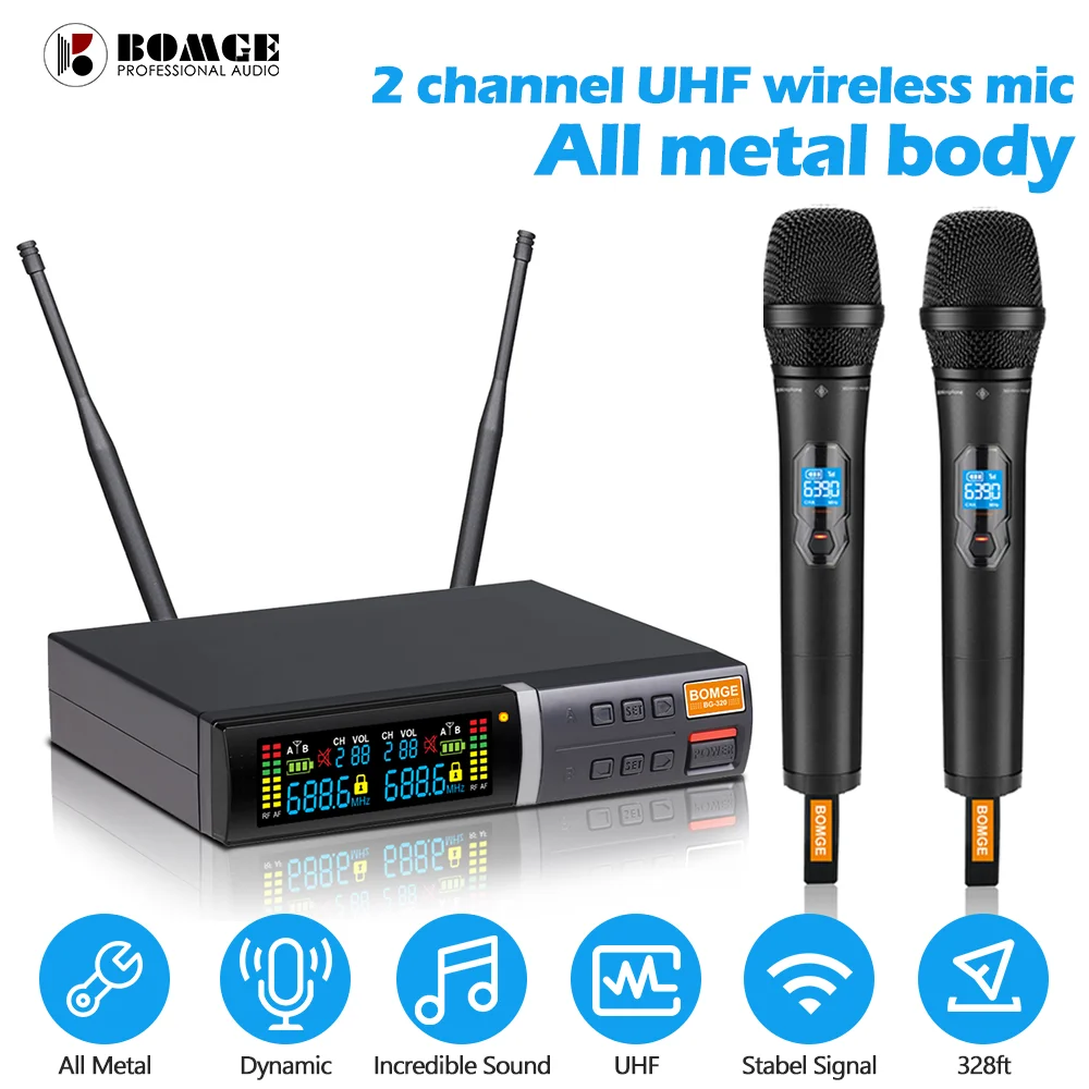 

BOMGE BG-320U professional UHF wireless cordless dual-channel metal MIC system, with optional handheld and bodypack transmitter.