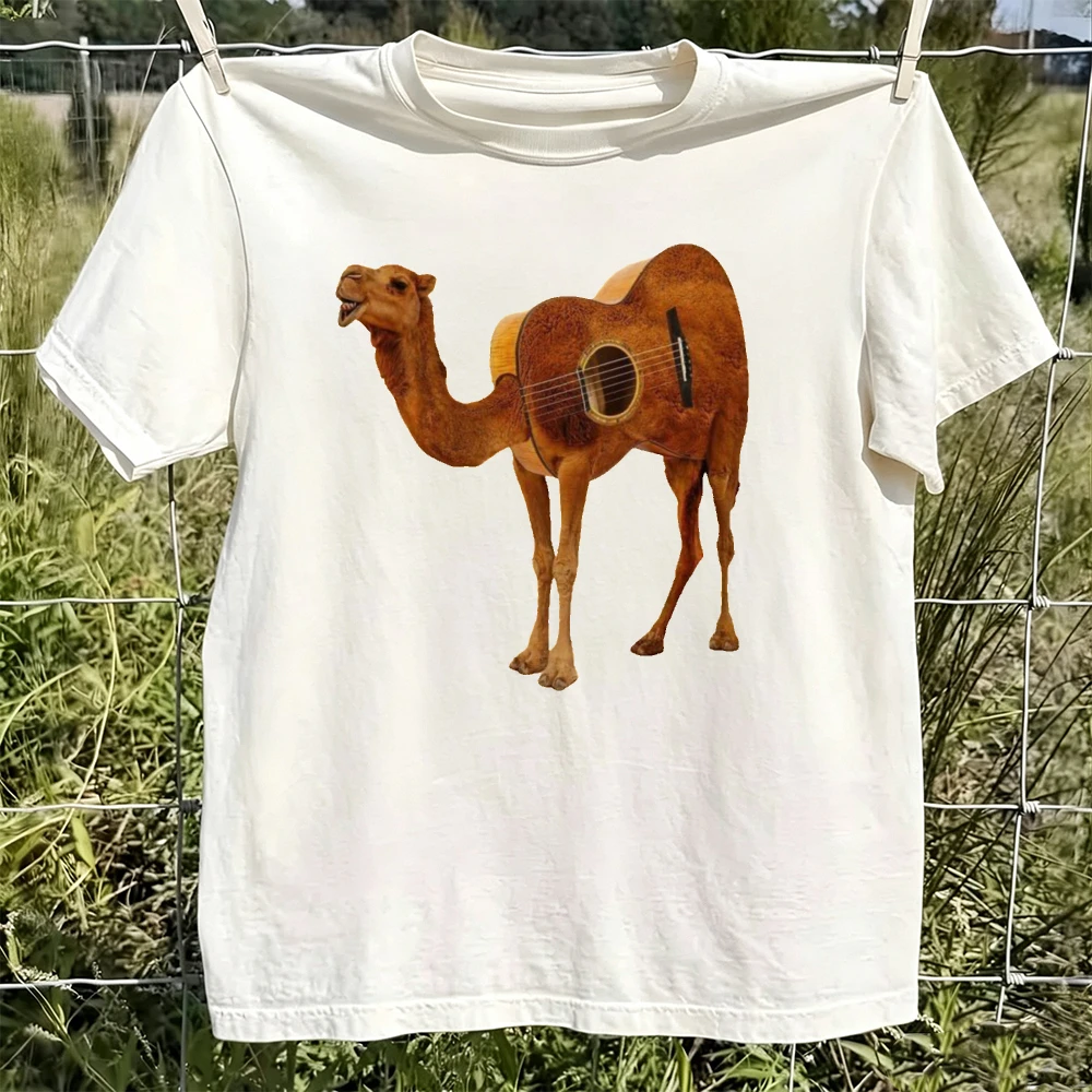 Surreal Camel Acoustic Guitar Hybrid Graphic T Shirt Woman Weird Absurd Art Tee Summer Casual Vacation Trip Top