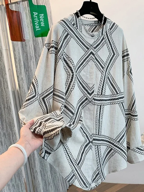 

Свободный крой из льна и хлопка Long Sve irt, женский повседневный круглый топ с принтом Ne, дышащий, удобный, винтажный, для поездок на работу