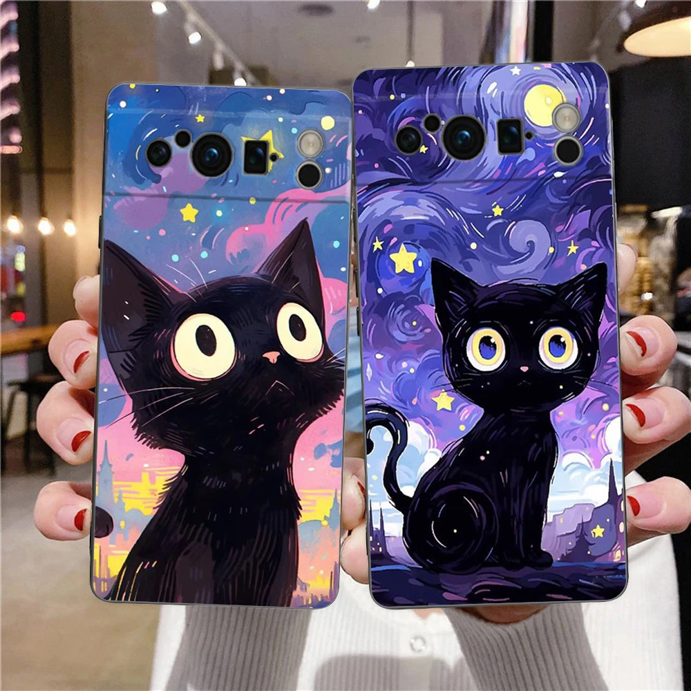 Artistic Black Cat Starry Night Phone Case For Google Pixel 9 8 7 6 Pro XL 8A 7A 6A TPU Shell Soft Shockproof Black Cover