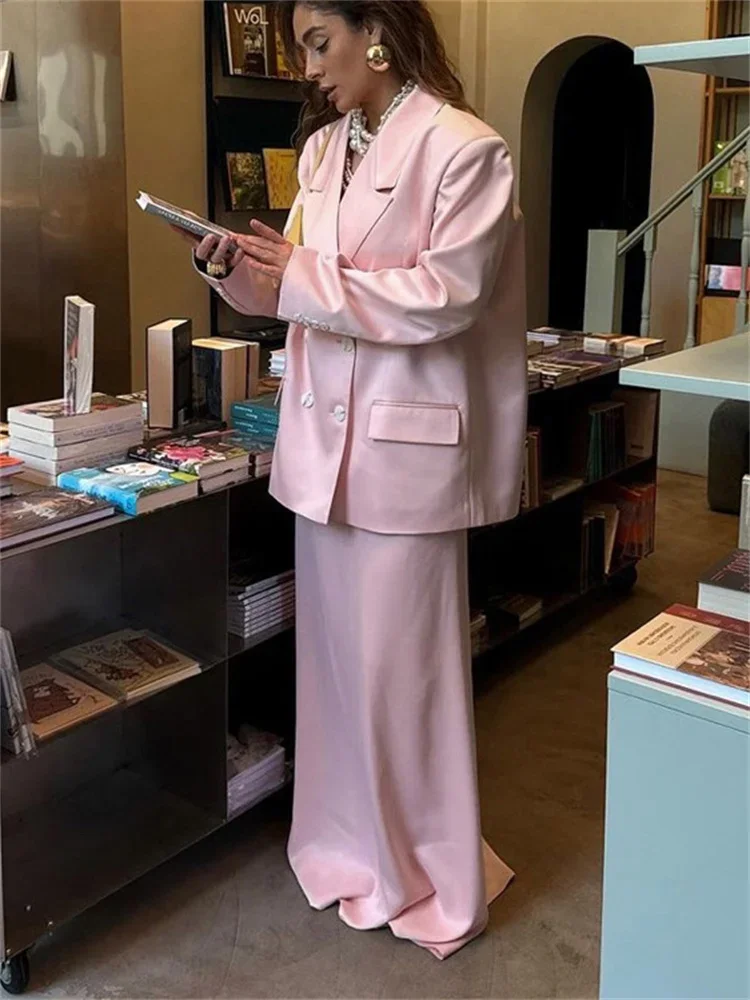 

Женский элегантный костюм с длинной юбкой, свободная роскошная верхняя одежда с лацканами и длинными рукавами и тонкая макси-юбка, женские комплекты из 2 предметов