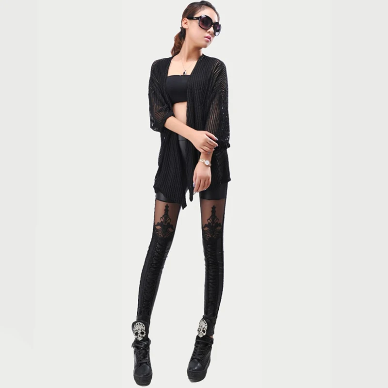 Stijlvolle Sexy Vrouwen Faux Lederen Gothic Punk Leggings Broek Kant Skinny Negen-Punts Broek Imitatie Lederen Broek