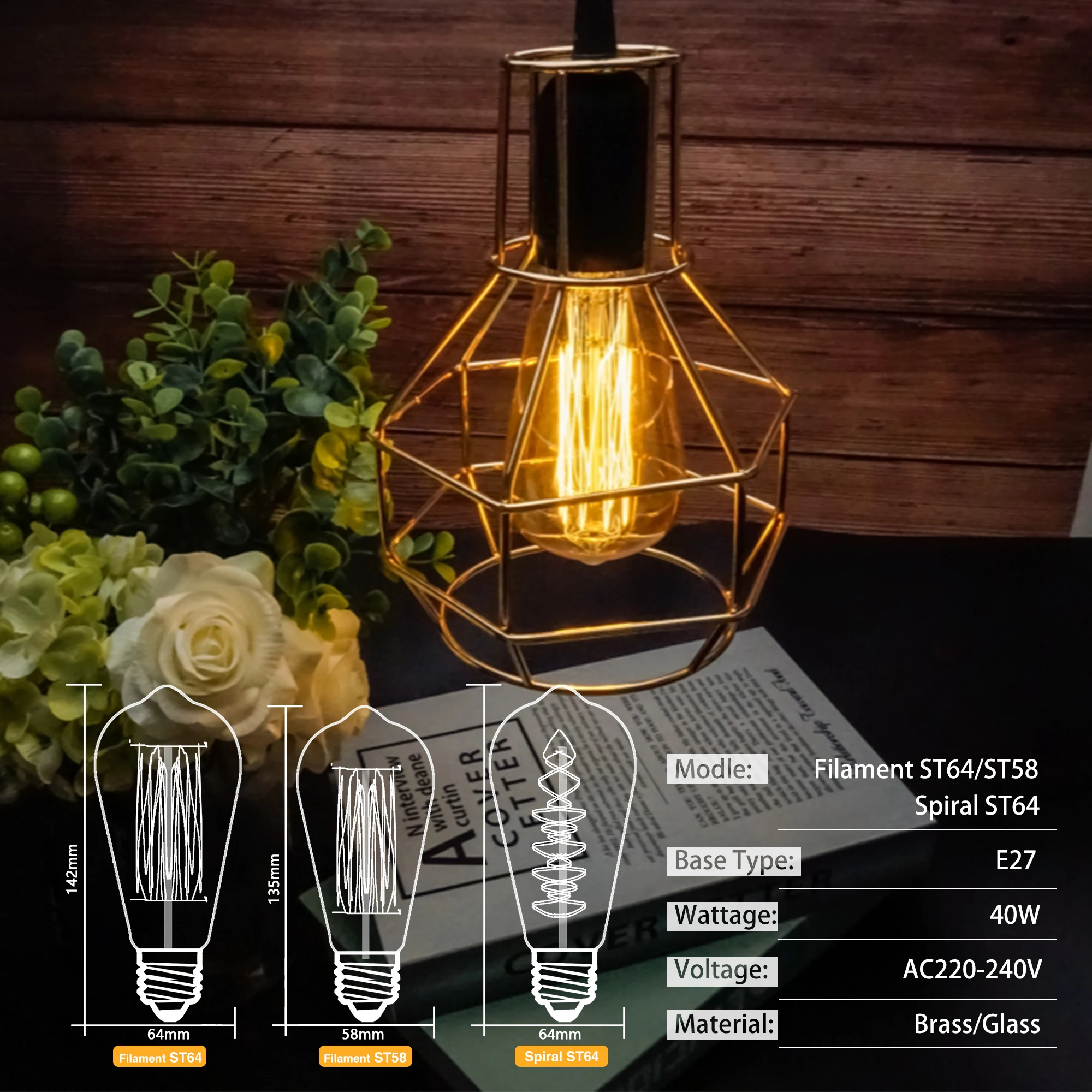2-12Pcs E27 ST64 ST58 Incandescent Filament Bulb 40W 220V Retro Vintage Edison Lamp For Home Bedroom Indoor Decor