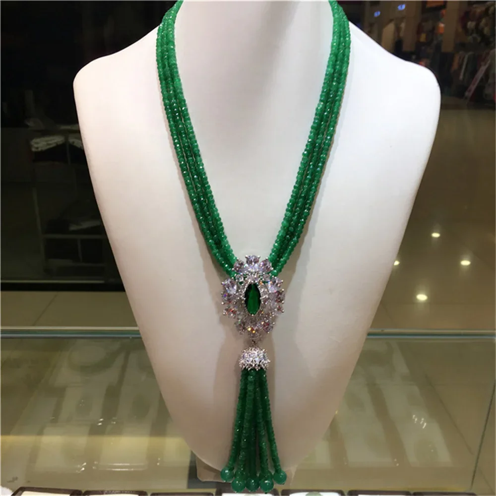 

design Micro/zircon green beads tassel fashion necklace Sweater chain 17-18"inch