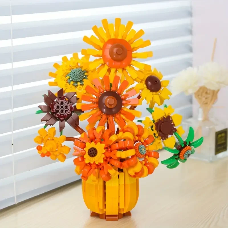 Set di blocchi da costruzione 1015/PCS, modello di vaso di fiori di girasole, decorazione interna di fiori e vasi, blocchi da costruzione per adulti