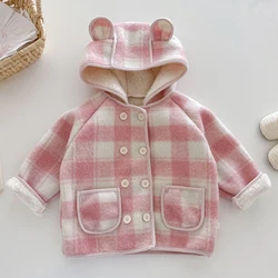 2024 Autumn Winter Baby Girls Jacket Lining Plush Thick Keep Warm Lattice Woollen Overcoat For 1-6 Years Fashion Hooded Coat