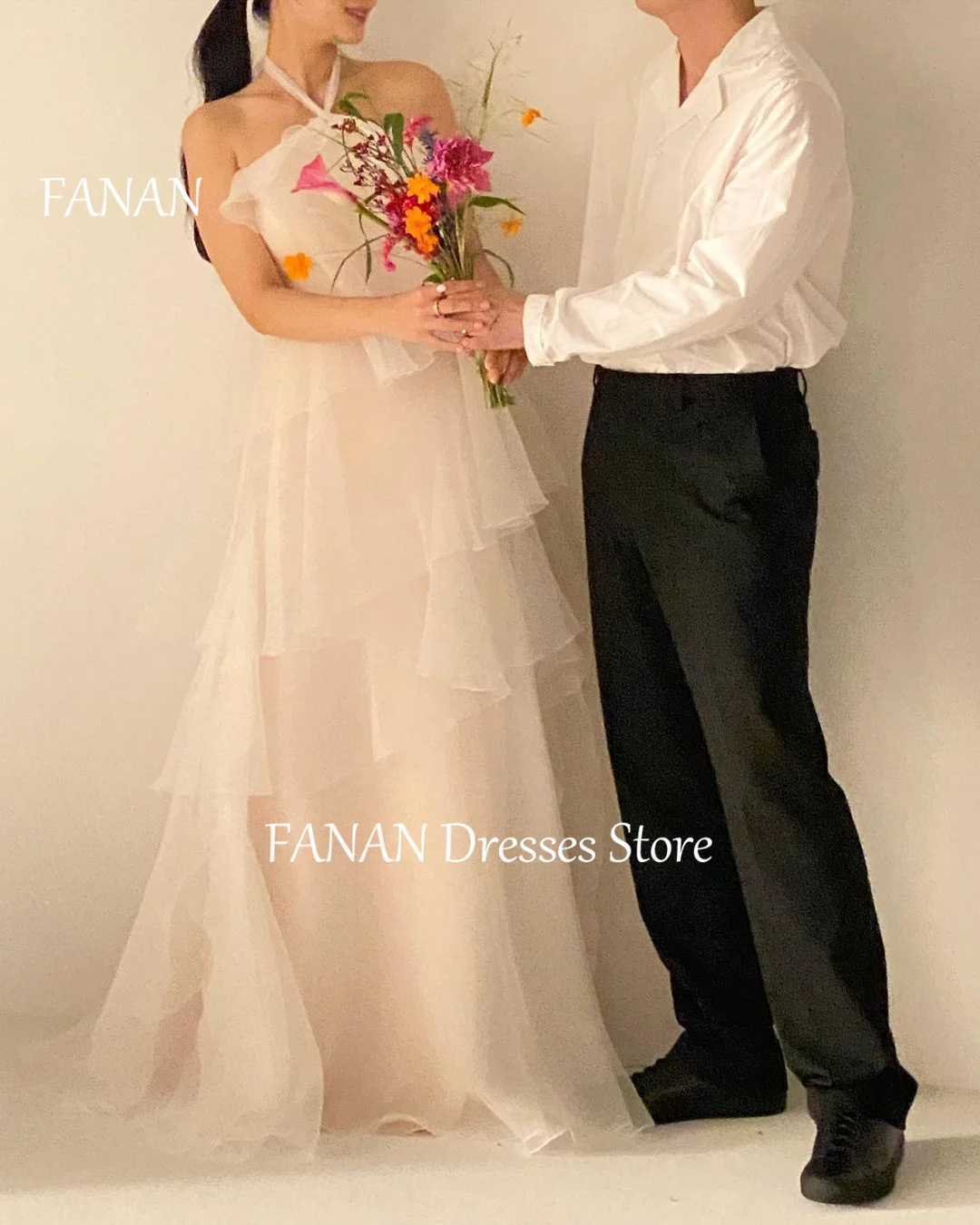 

FANAN Korea Halter Sleeveless Ivory Wedding Dresses 웨딩드레스 A-Line Organza Tiered Vintage Custom Made Bride Gowns Plus Size