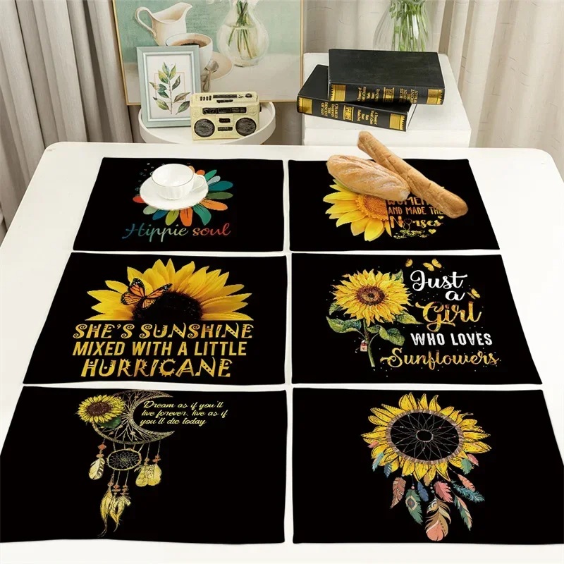 Yellow Flower Linen Kitchen Placemat botanical Sunflower Print Dining Table Mat Heat-insulating Tableware Party Banquets Decor