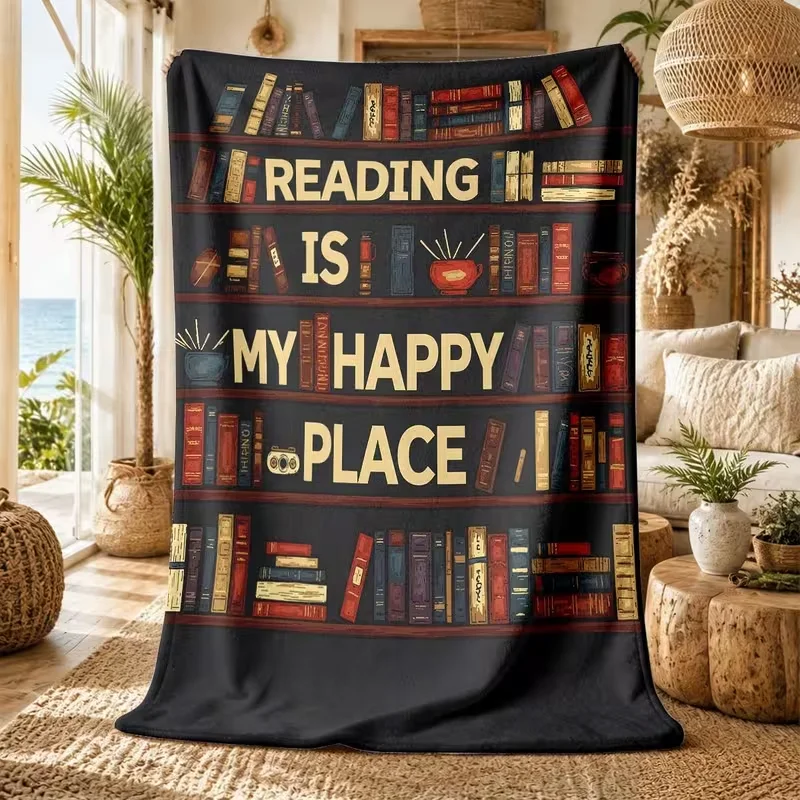 Reading Is My Happy Place Bookshelf Print Warm Cozy Soft Throw Blanket for Sofa Bed Couch Nap Book Lover Home Decor