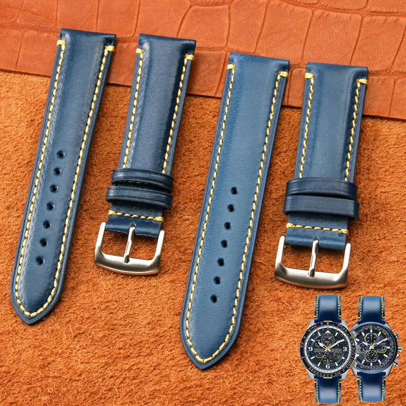 Black Leather Strap for Citizen Skyhawk Blue Angels JY8037 JY8031 CB5848 White Stitching Pin Buckle Men Replacement Watch Band