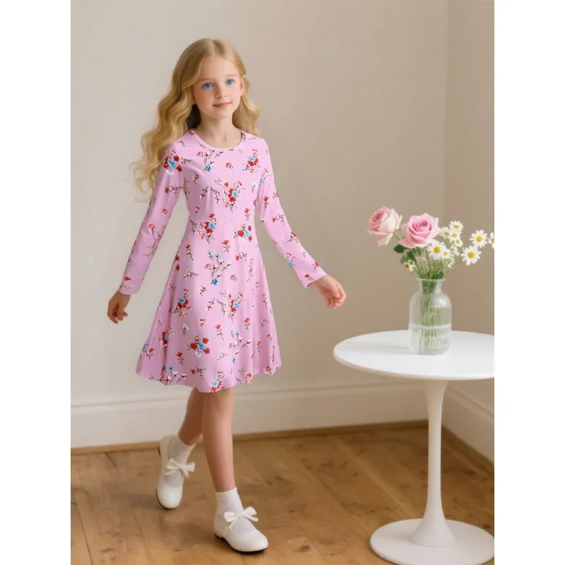 ชุดเดรสแขนยาวลายดอกไม้สีชมพูสำหรับเด็กผู้หญิง 2026 สไตล์เจ้าหญิงหวานหรูหรา