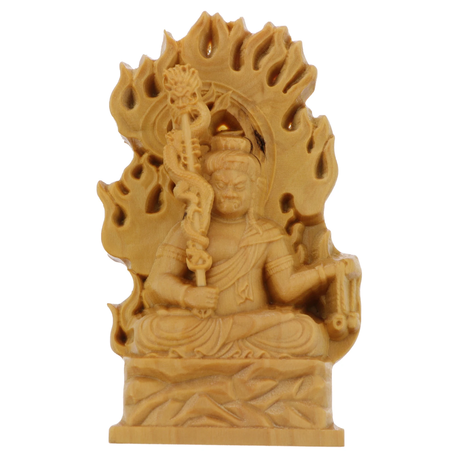 

Wooden Buddha Statue Acalanatha Sculpture Yellow Carving nament Feng Shui Home Garden Office Boxwood Lightweight Retro
