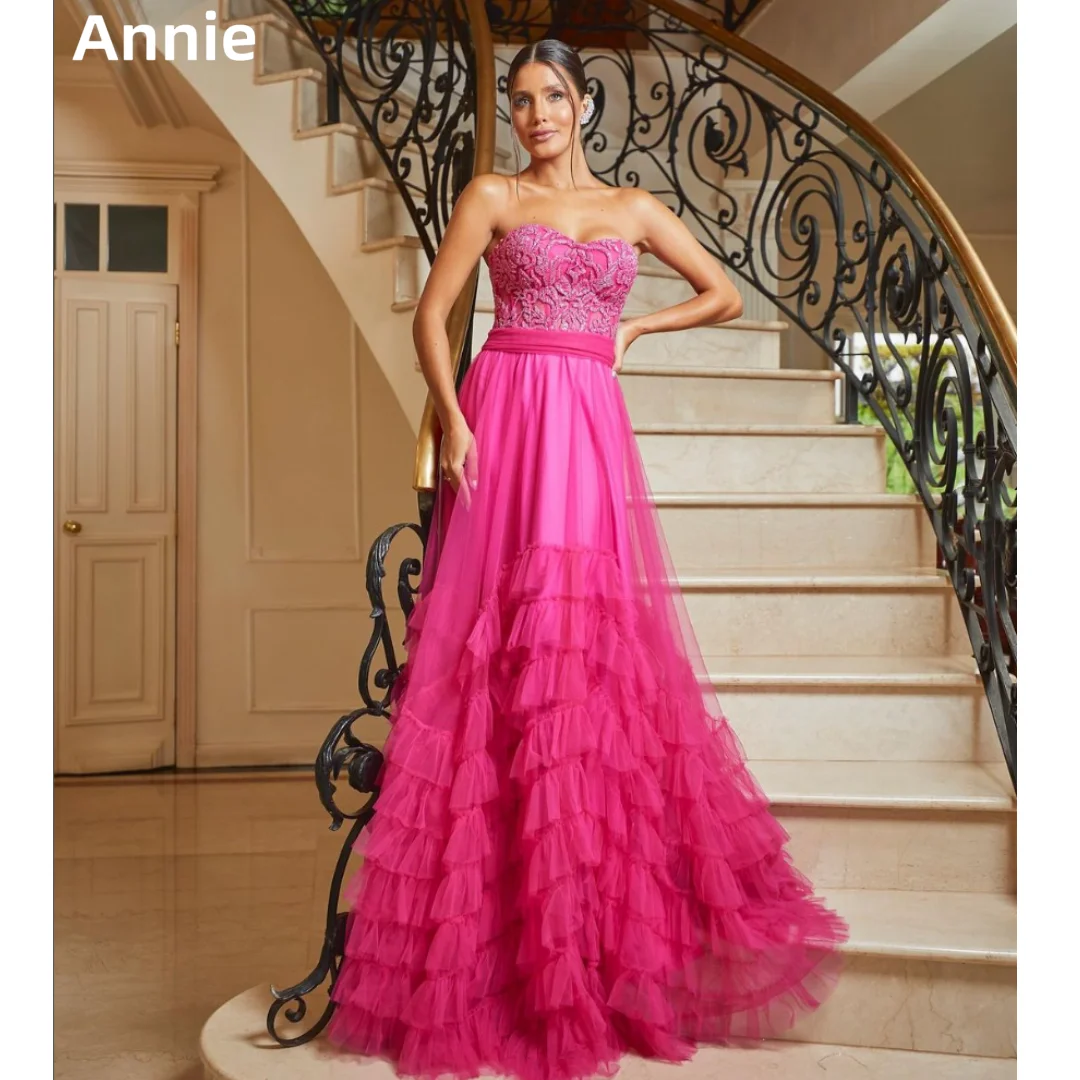 Annie Pink Prom Dresses Embroidered Tulle Layered Special Occasion Evening Dresses Women's Wedding Party Dress Robes De Soirée