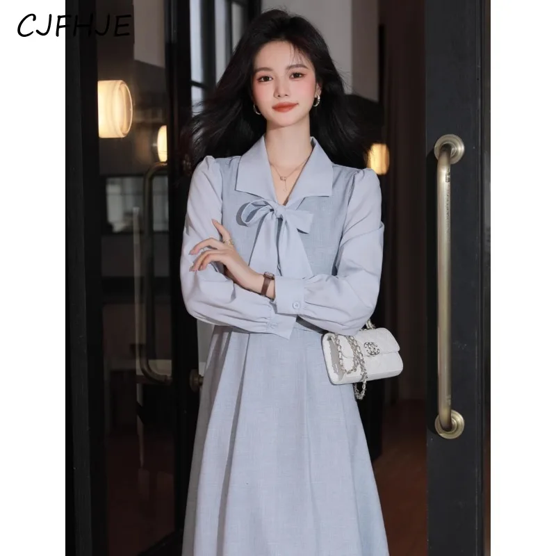 

CJFHJE Women's French Tea Break Two Piece Dress Spring New Korean Retro Simple Waist Wrapped Women Mid Length A-line Dresses