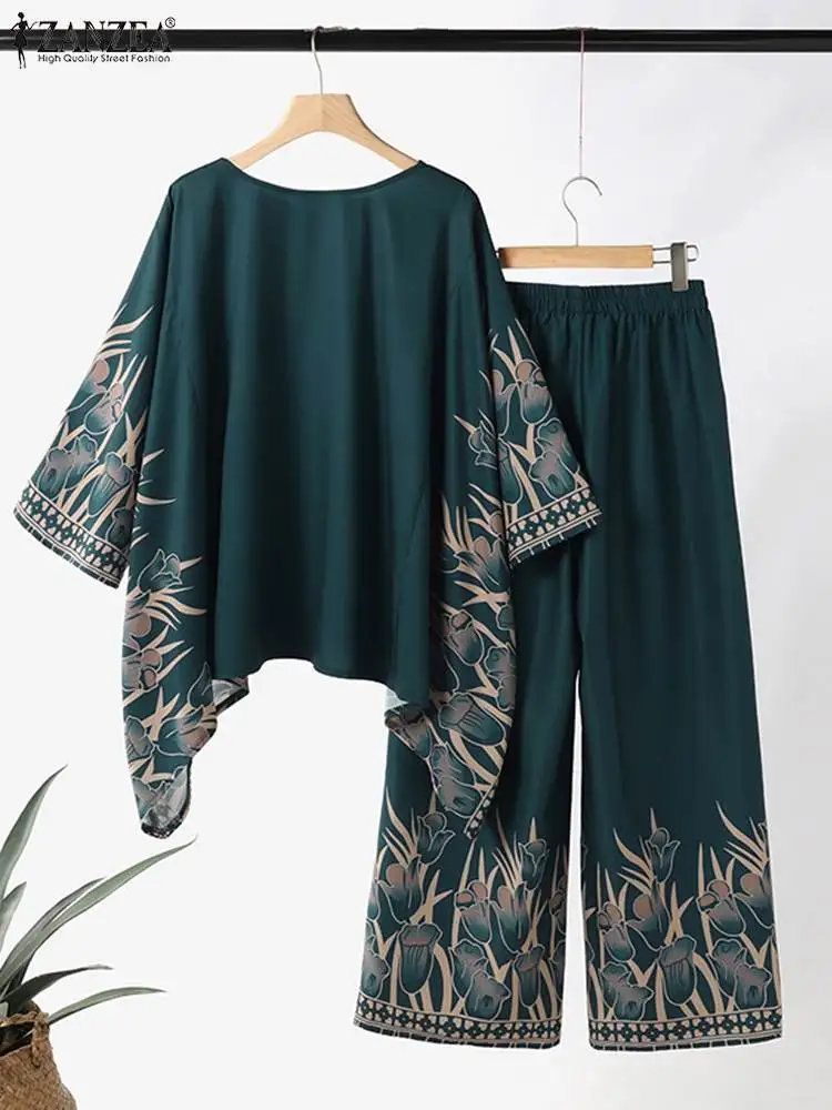 Muslim Hijab Tracksuits ZANZEA 2PCS Vintage Matching Sets Summer Wide Leg Pant Sets Bohemain Floral Blouse & Trousers Suit 2024