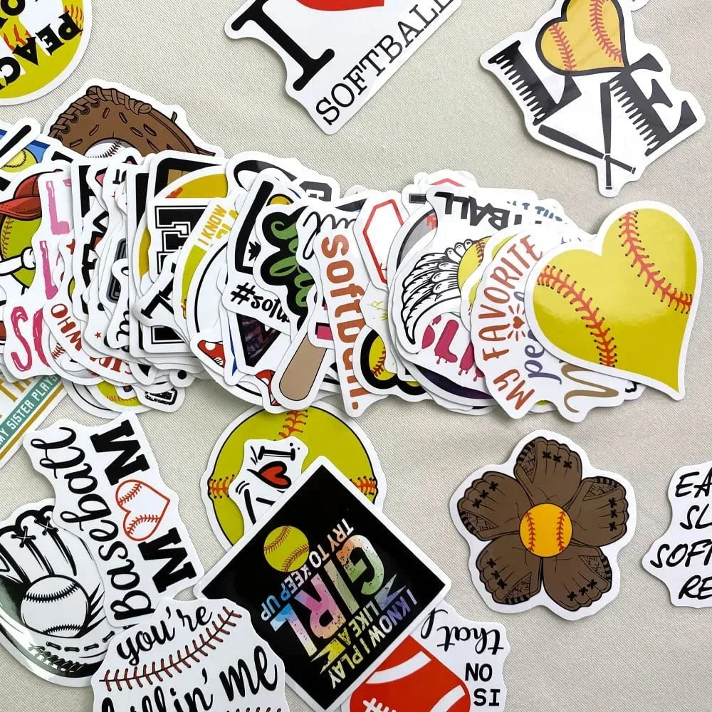 Softball Stickers 100PCS Baseball Accessories Softball Gifts for Teens Waterproof Vinyl Helmet Stickers for Computer Laptop Wall