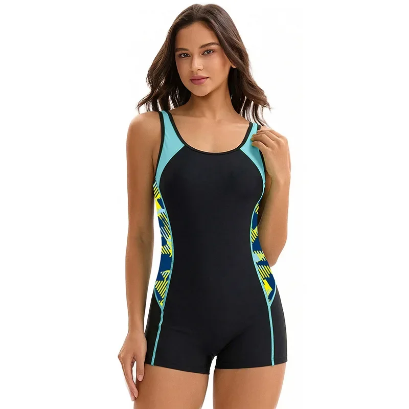 Women One Piece Swimsuit Color Block Tummy Control Swimwear Slimming Athletic Racing Racerback Rash Guard Competitive Beachwear