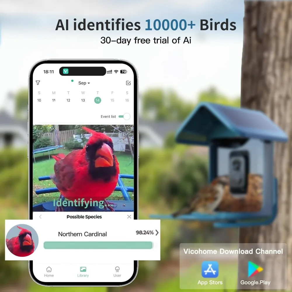 وحدة تغذية مع كاميرا تعمل بالطاقة الشمسية: وحدة تغذية الطيور للكاميرا الذكية، بث مباشر 2K للأماكن الخارجية، صور بدقة 5 ميجابكسل، التقاط تلقائي لتحديد الذكاء الاصطناعي