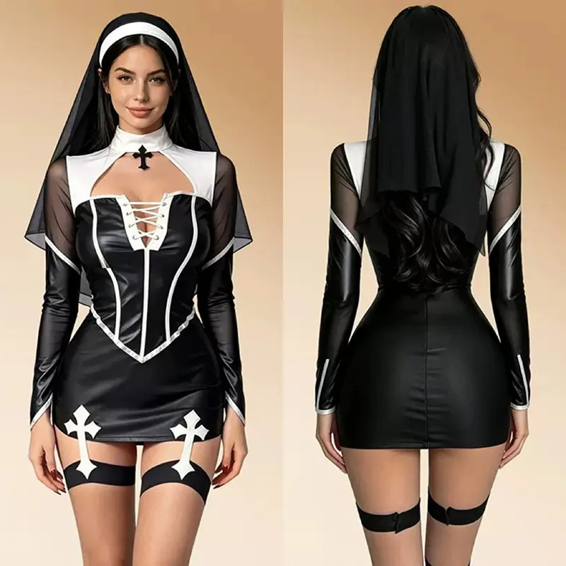Halloween Women Anime Nun Themed Costume Set Black Long Sleeve Cross Mini Dress With Headscarf Outfit Cosplay Party Dress Up