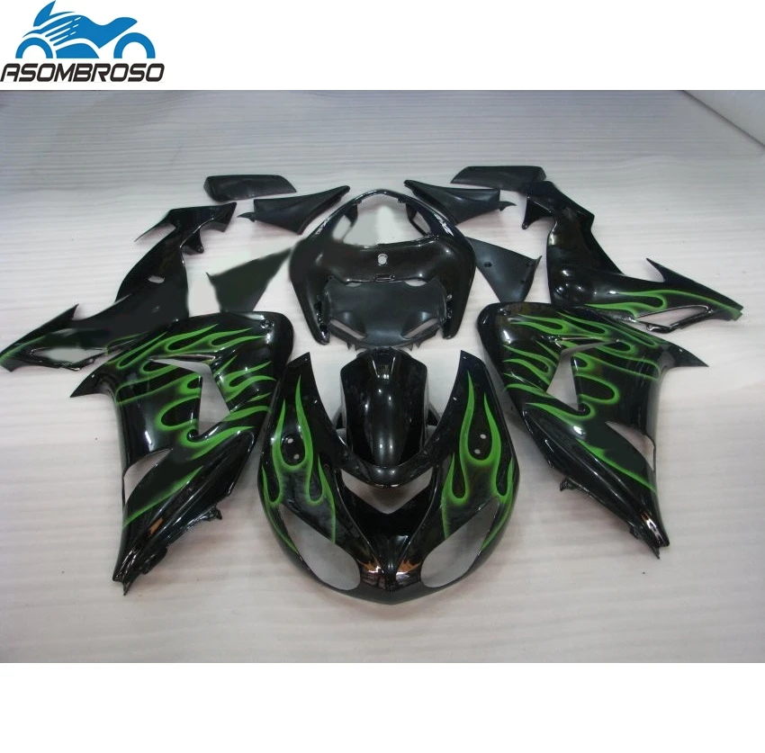 Chamas verdes preto carroçarias da motocicleta para kawasaki ninja zx10r kit carenagem 2006-2007 conjunto de carenagem de plástico zx10r 06 07 gh71