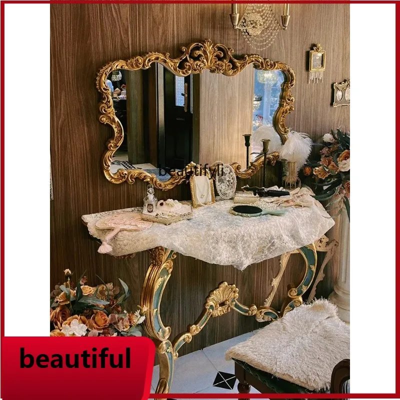 

f156 European-Style Retro Golden Hallway Fireplace Decorative Mirror French Carved Dreing Table Makeup Bathroom Mirror