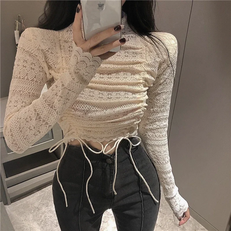 OCEANLOVE Turtleneck Lace Blouses Femme Solid Hollow Out Sexy Short Ropa Mujer Korean Fashion Autumn Winter Blusas Feminina