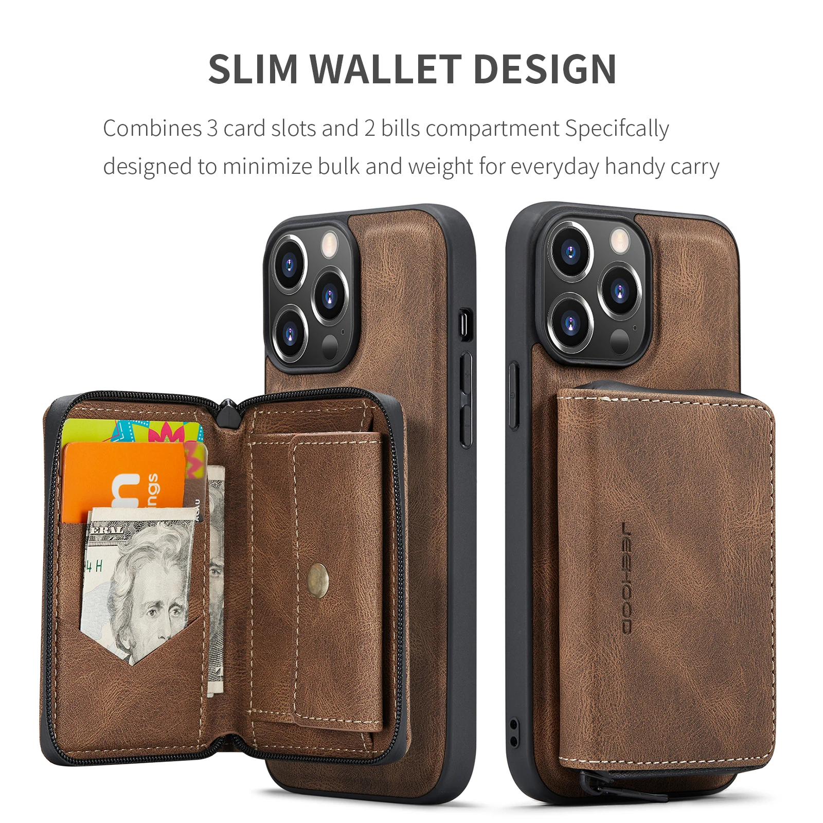 JEEHOOD For iPhone 11 12 13 14 15 16 Pro Max 7 8 Plus SE 2022 Detachable Wallet Luxury Magnetic Split Body Leather Phone Case