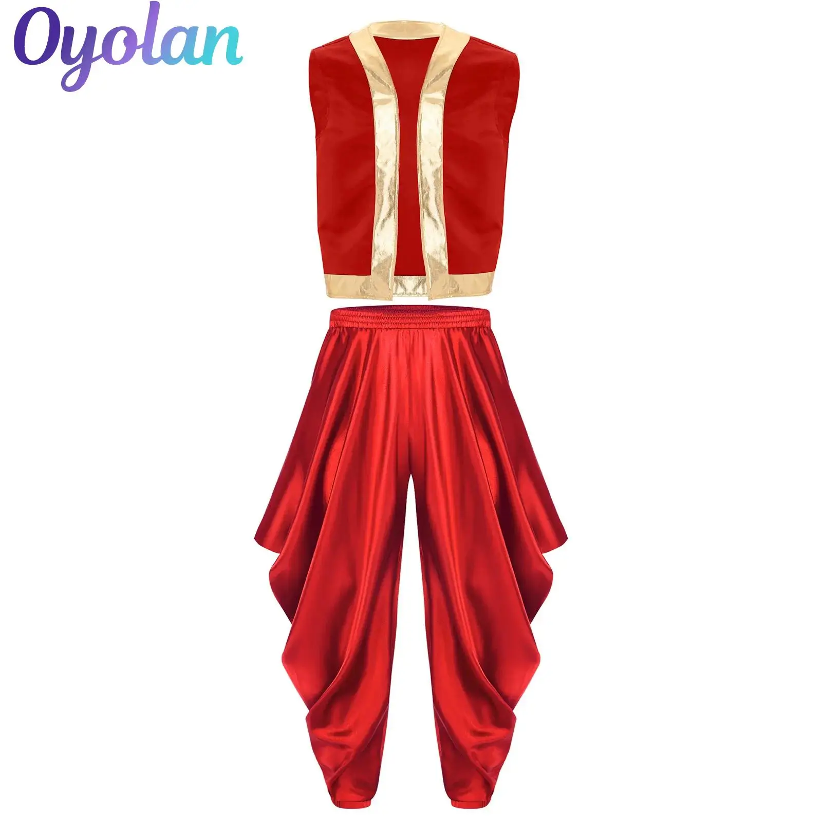 

Men Halloween Arabian Arab Prince Cosplay Costume Open Front Metallic Shiny Trim Vest And Loose Harem Pants Themed Party Costume