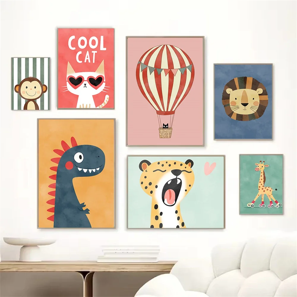 

Tiger Lion Frog Giraffe Cat Balloon Funny Animals Posters And Prints Wall Art Canvas Painting Nursery Pictures Kids Room Decor