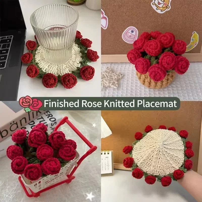 

Mini Rose Bouquet Coaster Hand Knitted Rose Bouquet Placemat Crochet Flower Pot Creative Mother's Day Gift Crochet Flower Cupmat
