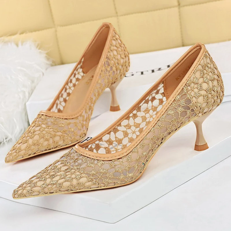 BIGTREE Shoes Mesh Cutout Lace Women Pumps Kitten Heels Sexy Banquet Shoes Stiletto Fashion Ladies Heels Plus Size 43 Sandals