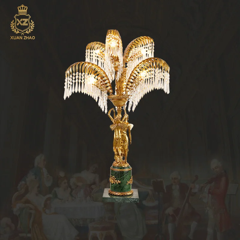 

Rococo Light Palm Leaves Brass Lamp Crystal Drop Large Table Lamp Vintage Desk Lamp Home Decor