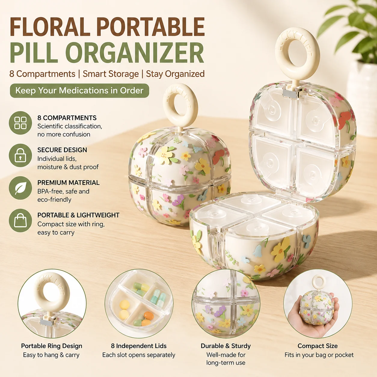 Flower 8 Compartment Pill Box with Handle Mini Portable Travel Pill Case Sealed Moisture Proof Medicine Organizer Purse Pocket