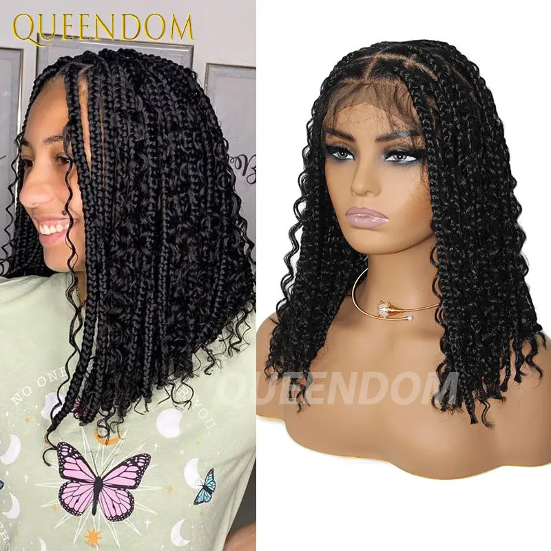 Short Bob Braided Wigs Synthetic Goddess Boho Box Knotless Jumbo Braids Wigs Full Lace Wigs Bohemian Curly Cornrow Braided Wig