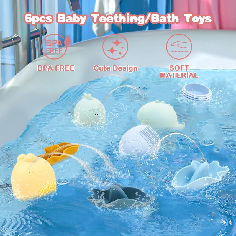 ของเล่นอาบน้ำเด็ก TYRY.HU 4 ชิ้น ทำจากซิลิโคน รูปไดโนเสาร์การ์ตูน ลอยน้ำได้ ฉีดน้ำได้ ปลอดภัยสำหรับเด็กเล่นกัดได้ สนุกสนานเวลาอาบน้ำ