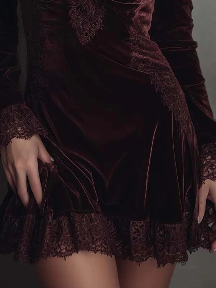 Women Sexy Long Petal Sleeve Chic Mini Dress, Holiday Autumn Winter Deep V Neck Party Dress, Lace Patchwork Elegant Ladies Dress