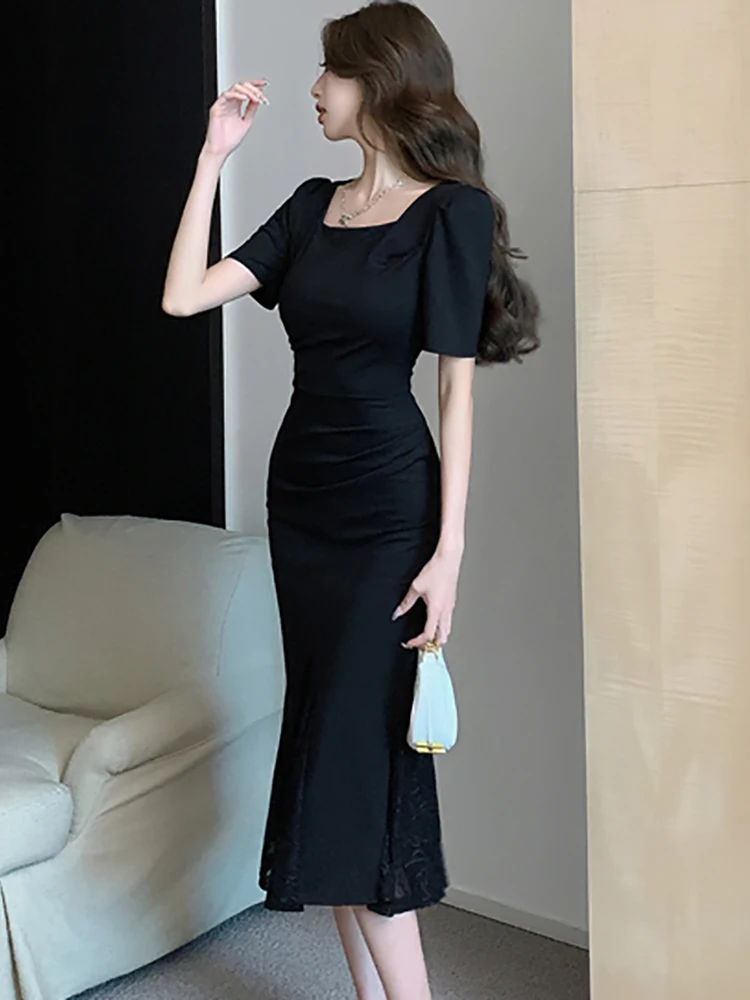 Summer Black Short Sleeve Elegant Slit Mesh Long Dress Women Korean Vintage Elegant Ruffled Dress 2024 Fashion Chic Hepburn Robe