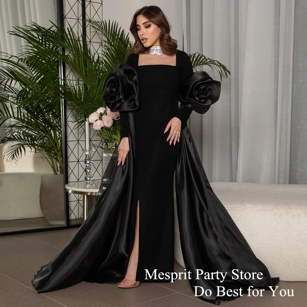 

Mesprit Evening Dress Square Neck Long Sleeve Flowers Zipper Up Black Mermaid Prom Dresses Slit Formal Gown Custom Design