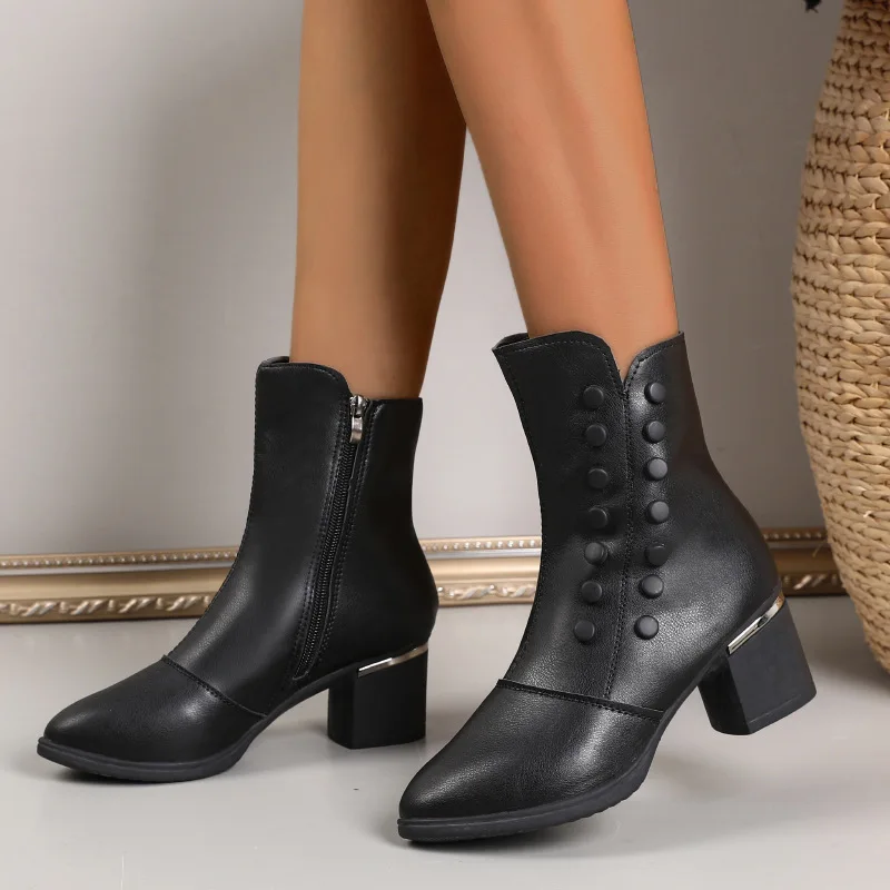

Women Boots High Quality Leather Ankle Boot Chunky Chelsea High Heels Boots for Women Winter Plush Warm Cotton Boots Botas Mujer