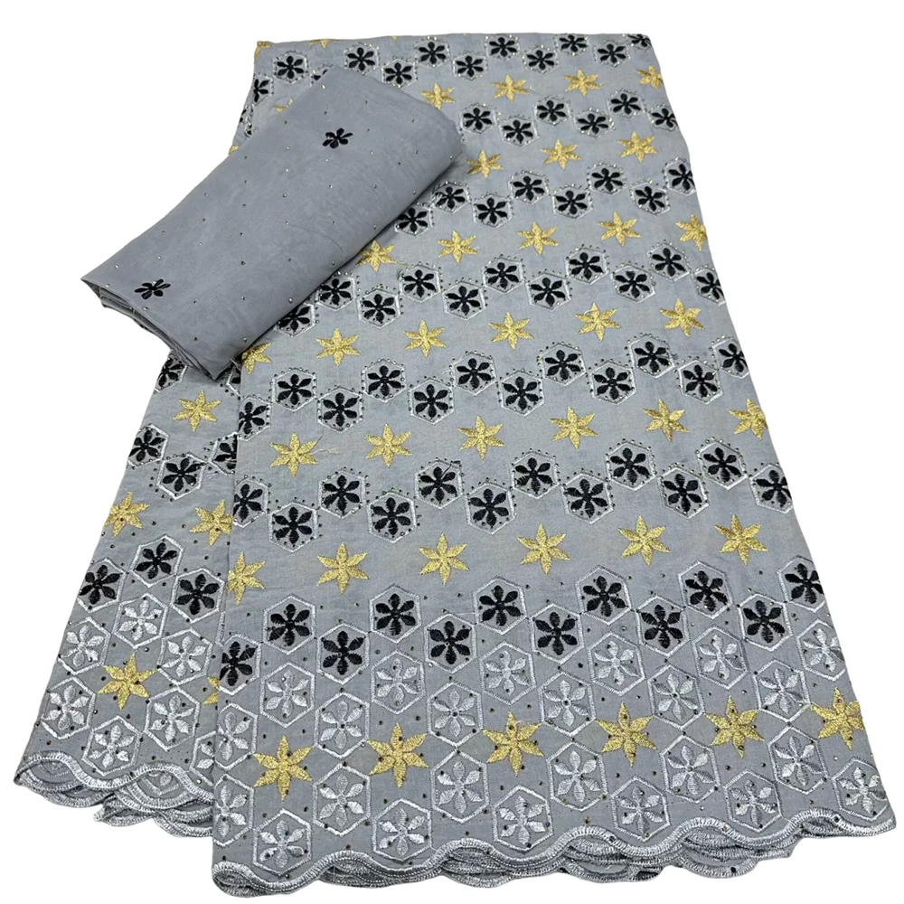 

Gray 5+2 Yards Swiss Voile Lace Fabrics 2025 High Quality African Embroidery Cotton Lace Nigerian Stones Lace For Wedding Dress