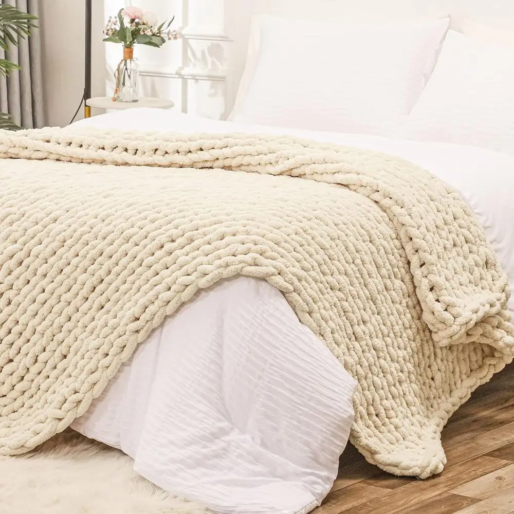 Chunky Knit Throw Blanket for Couch, 80x90 inches, 100% Hand Knitted with Thick Jumbo Chenille Yarn, Cozy Soft Large Rope Knot C