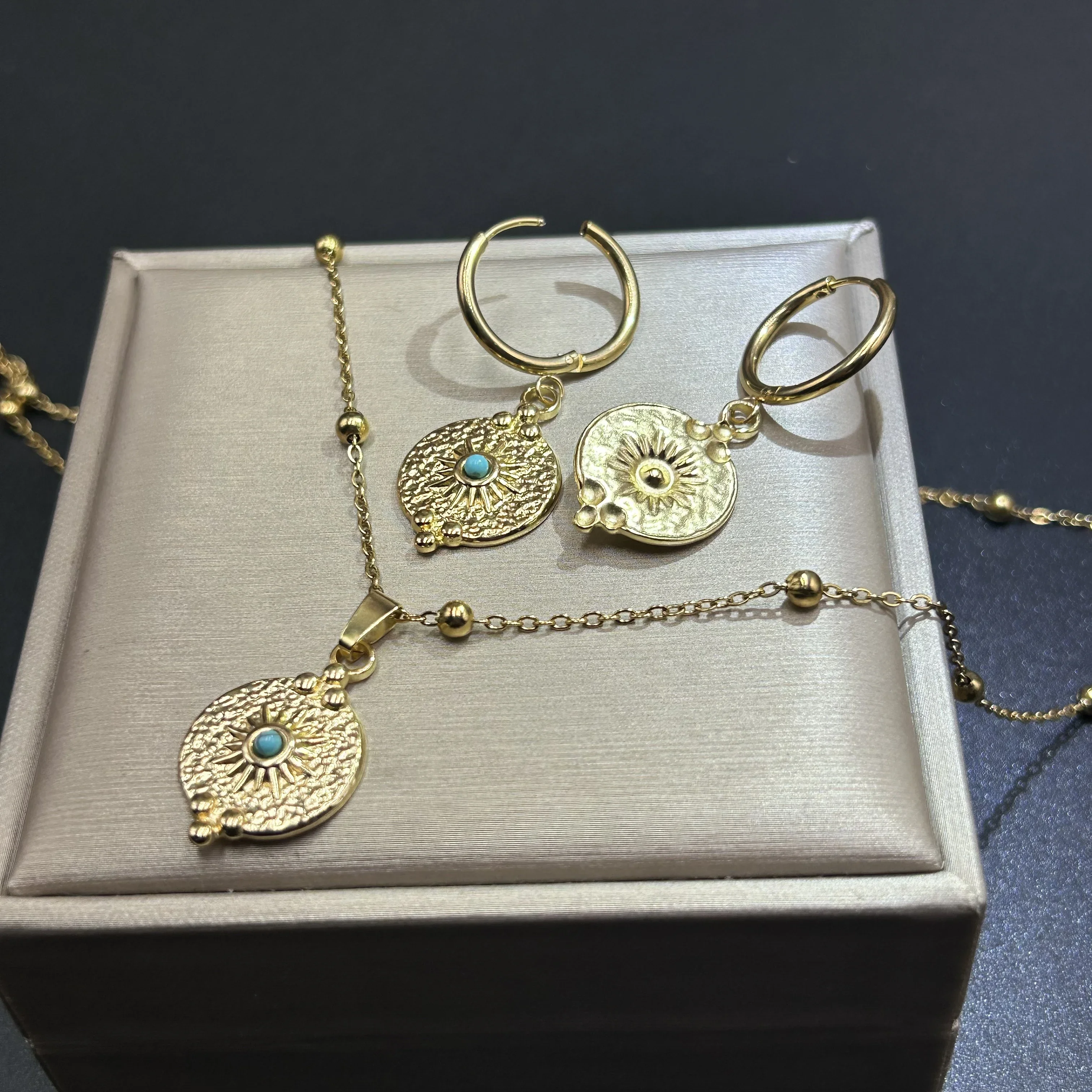 Stainless Steel Turquoise Round Pendant Double-Layer Necklace Earrings Set for Women Fashion Charm Jewelry Gifts Colar Brincos