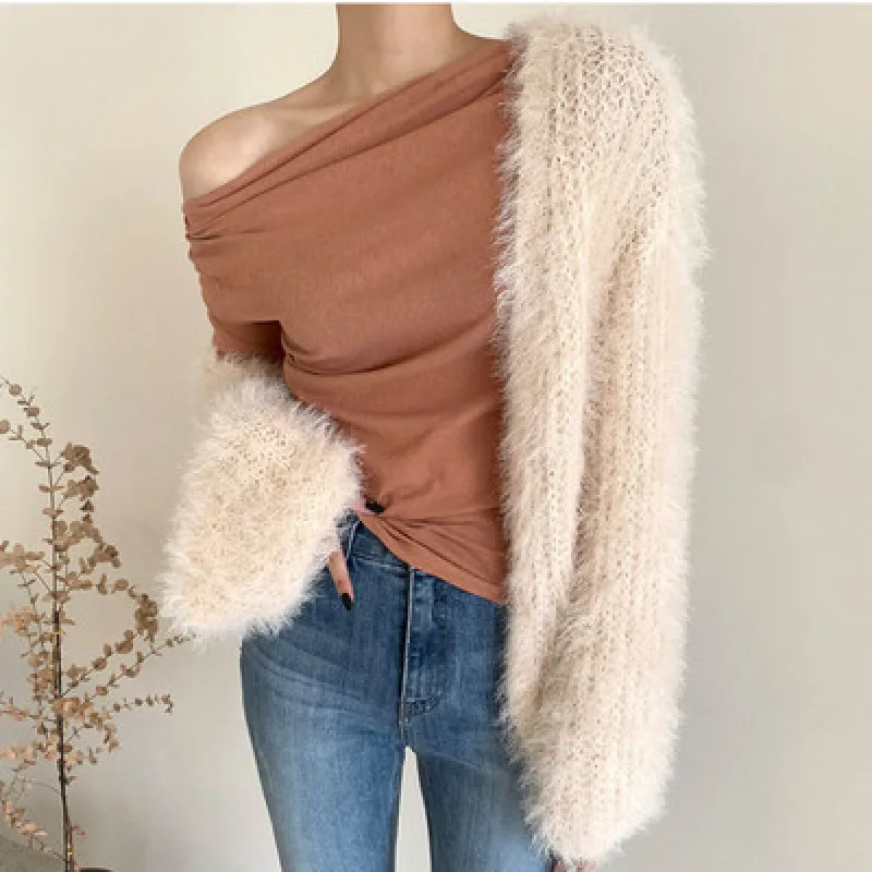 Thick Mink Cashmere Cardigan for Women, Open Stitch Sweaters, Cozy Furry Knitted Tops, Jacket Outerwear, 2023, Autumn and Winter